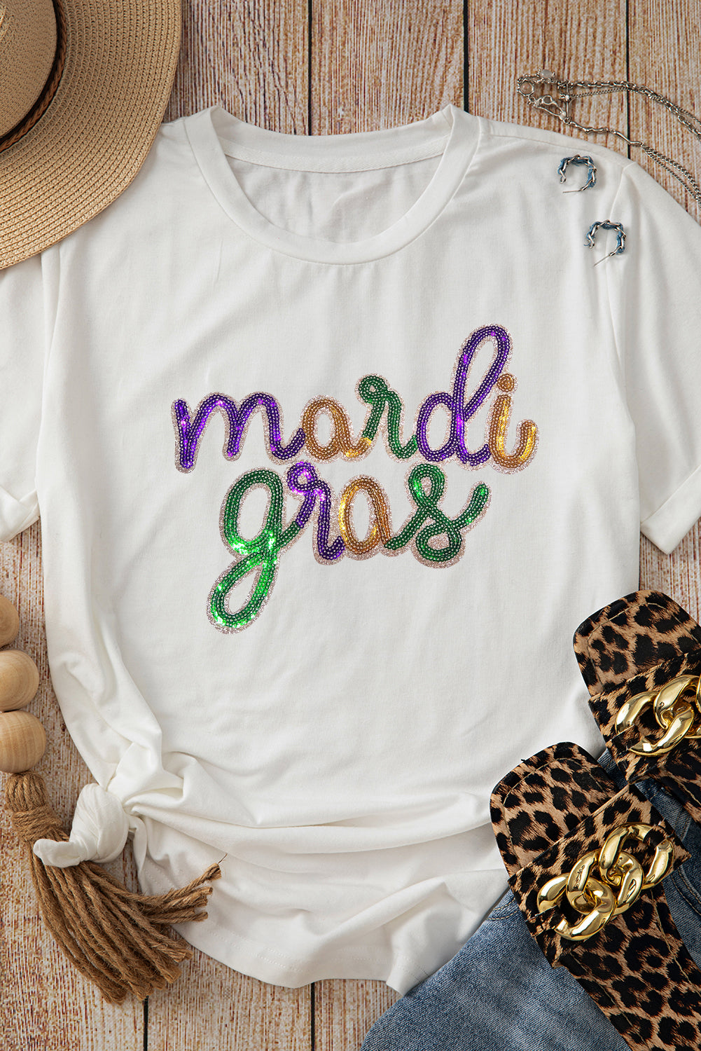 Wisteria Sequin mardi gras Letter Print Crewneck Tee Graphic Tees 0005110e1b5bd603