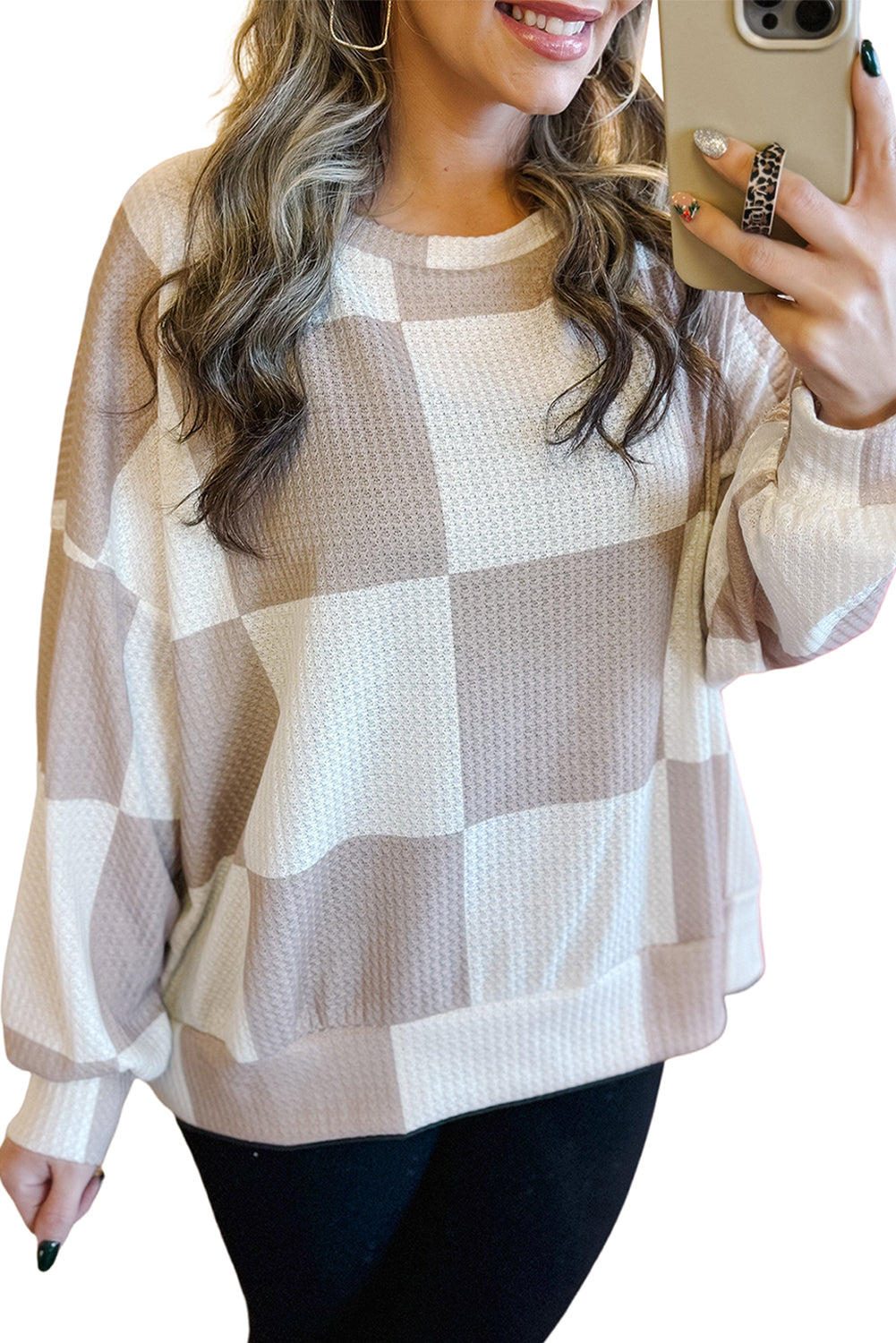 Khaki Breathable Textured Checkered Long Sleeve Top Long Sleeve Tops 0027c14adf135adf