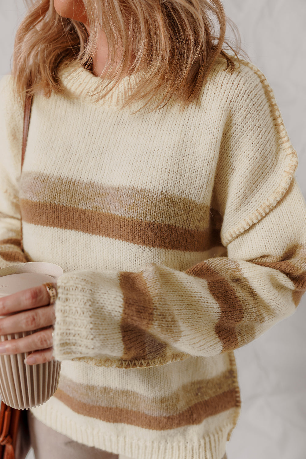 Khaki Stripe Exposed Seam Drop Shoulder Knit Baggy Sweater Sweaters 002bcaca1a689a1d