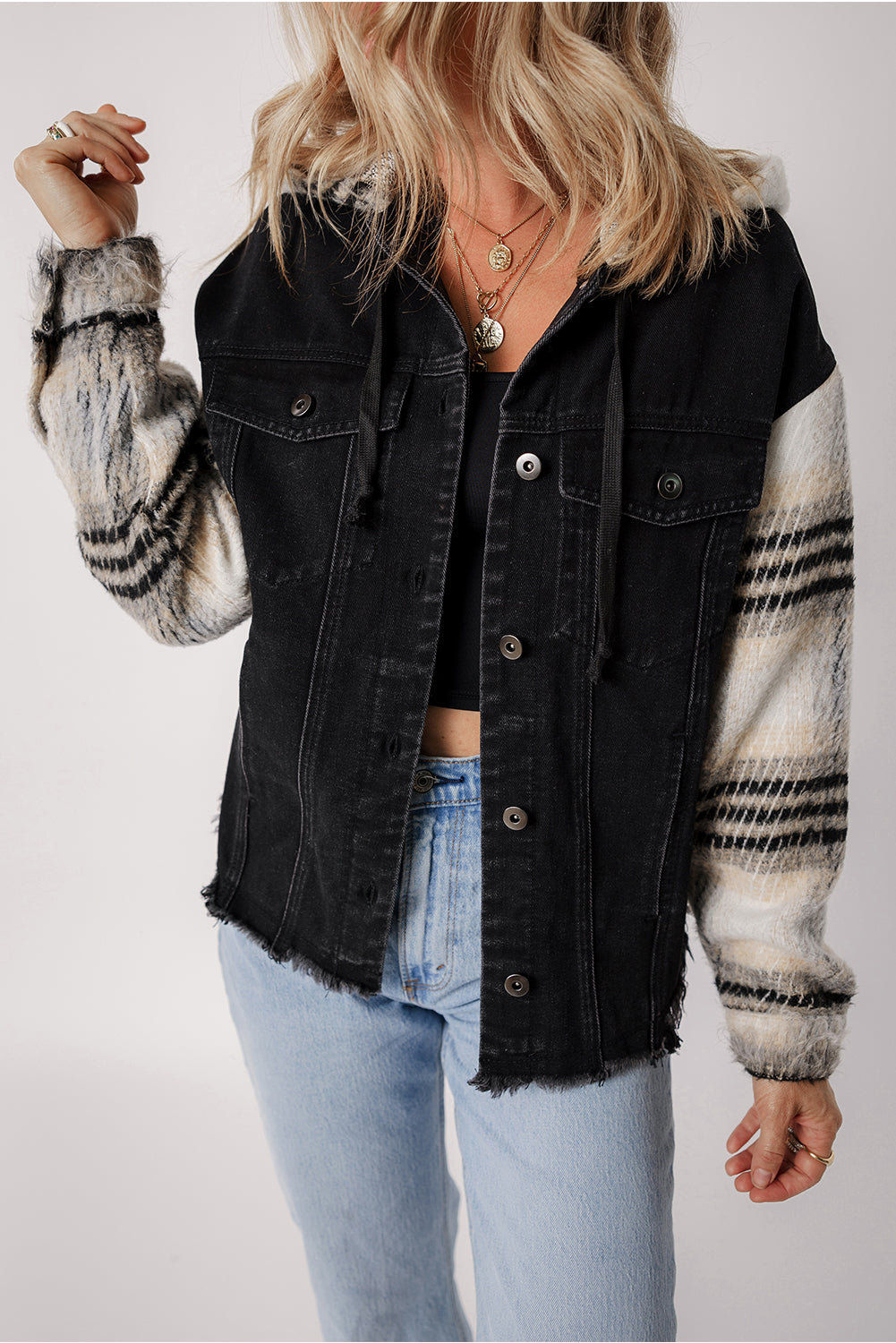Black Patchwork Plaid Sleeve Frayed Hem Hooded Denim Jacket Jackets 002cbef979e7f72a