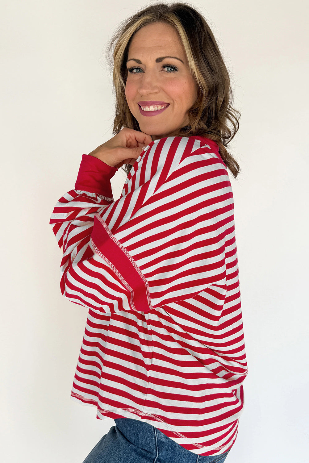 Red Striped Balloon Sleeve V Neck Blouse Long Sleeve Tops 00db96357a3f15b9