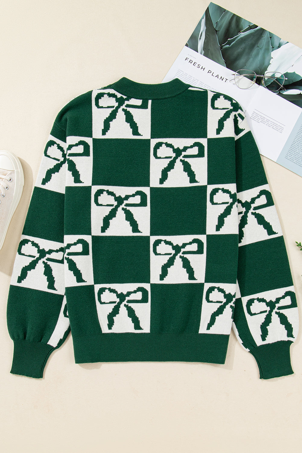 Blackish Green Bow Print Checkered Knit Sweater Sweaters 010a7fbdd9b8b2c8
