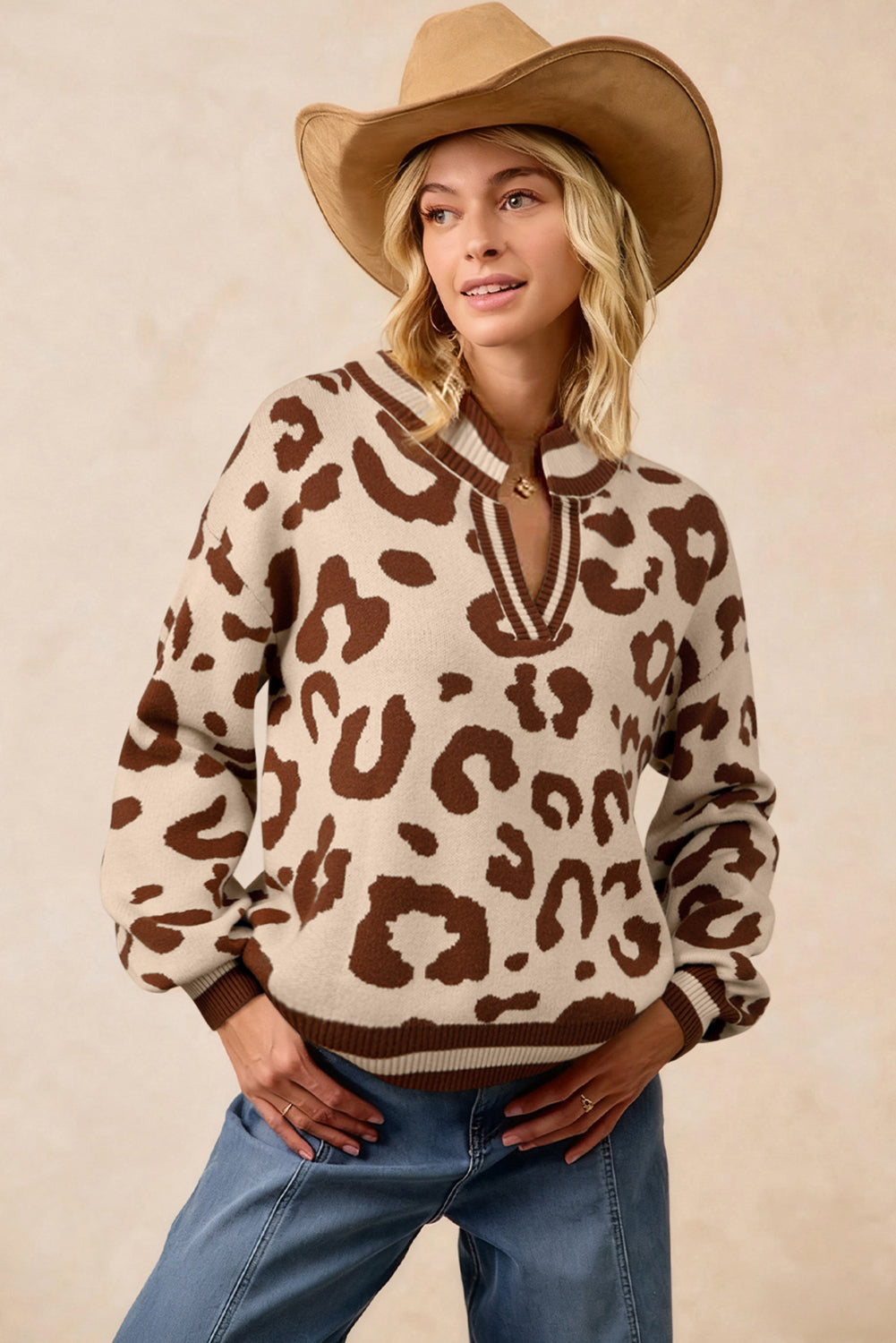 Light French Beige Leopard Printed Knit V Neck Sweater Sweaters 010f0e07bbdd9989