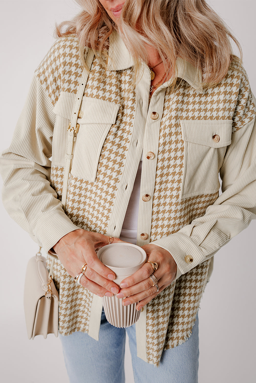 Parchment Houndstooth Corduroy Patchwork Flap Pocket Shacket Jackets 015a6443058ffb4e