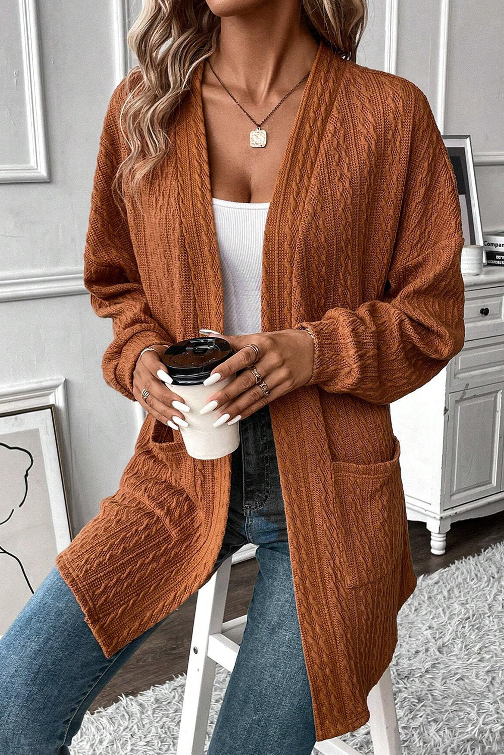 Chestnut Textured Knit Side Pockets Open Front Cardigan Cardigans 015bbb81910234ea