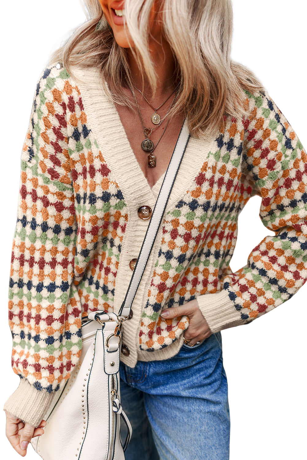 Multicolour Dotty Pattern Button Front V Neck Knit Cardigan Cardigans 01811fe36e4f702b