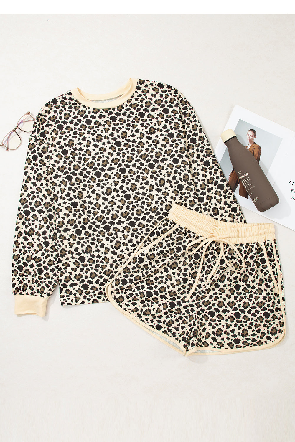 Brown Leopard Print Contrast Trim Two Piece Shorts Set Two Piece Shorts Sets 019125a0b74b8702