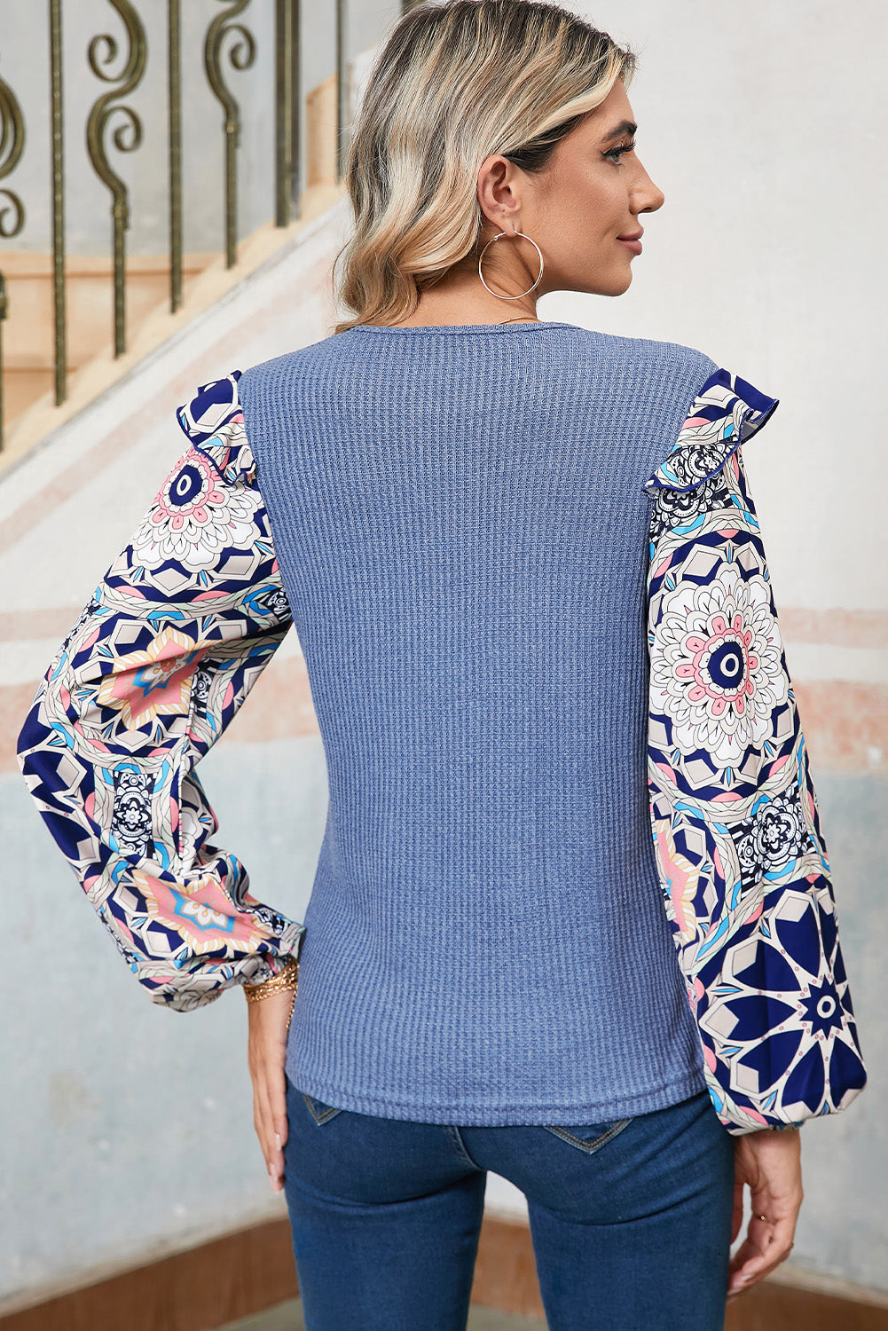 Ashleigh Blue Ruffle Floral Sleeve Patchwork Waffle Top Long Sleeve Tops 020bd3adfd1b133a
