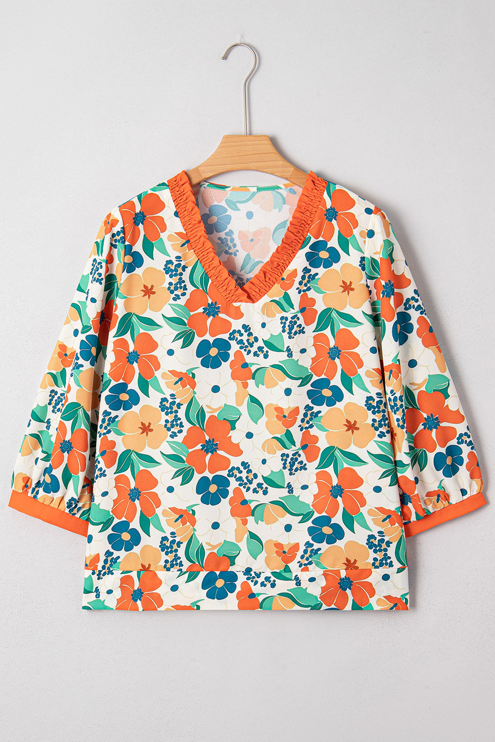 Orange Frilled V Neck Floral Print Bracelet Sleeve Blouse Blouses 020c7d04a4a29d9a
