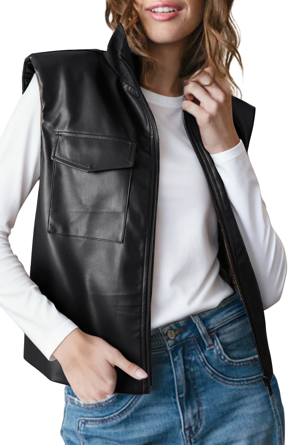 Black Double Flap Pocket Faux Leather Zip Up Stand Neck Vest Jackets 0260f7e38a89055e