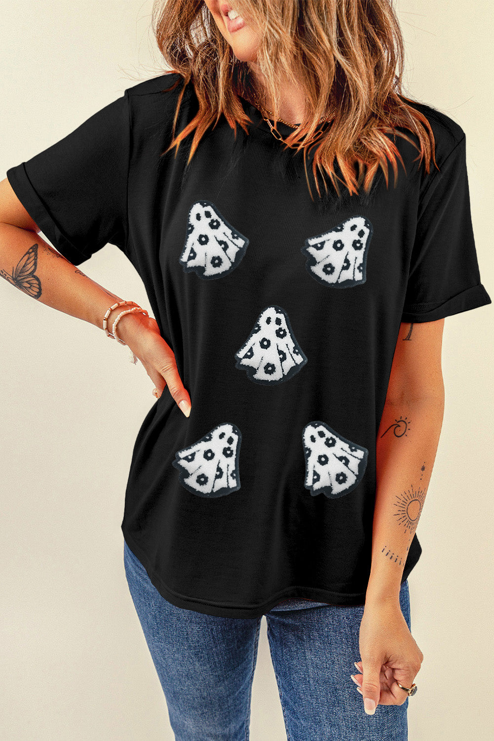 White Halloween Playful Ghost Terry Flocking Cotton Blend T Shirt Graphic Tees 02cfc1288fcfab93