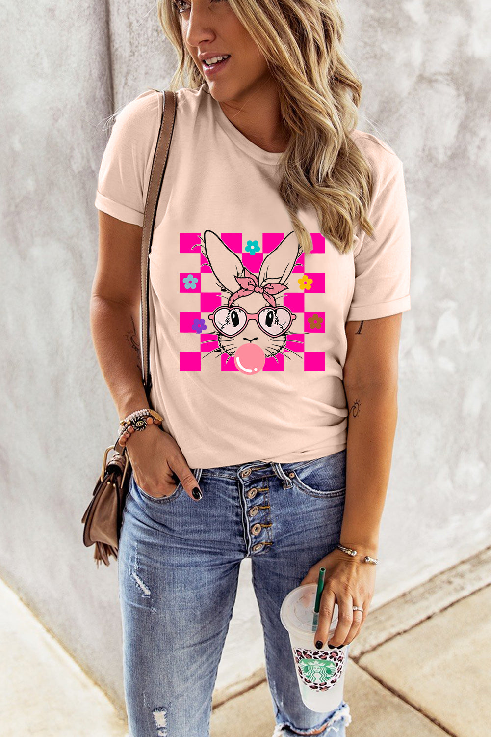 Pink Easter Rabbit Checkered Flower Graphic O Neck T Shirt Graphic Tees 02fd0a98970dfc97