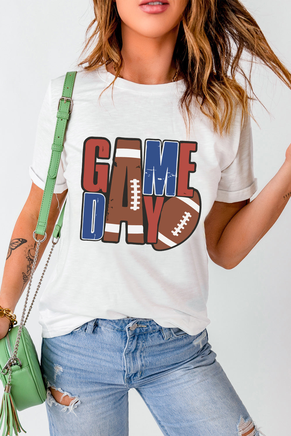 White GAME DAY Football Letter Heat Transfer Printing Graphic T Shirt Graphic Tees 02fe3c4f4502d9df