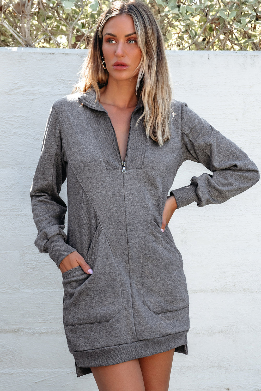 Dark Grey Zip up Collared Ribbed Patchwork Sweatshirt Dress with Pockets Mini Dresses 031c681265c0c71d