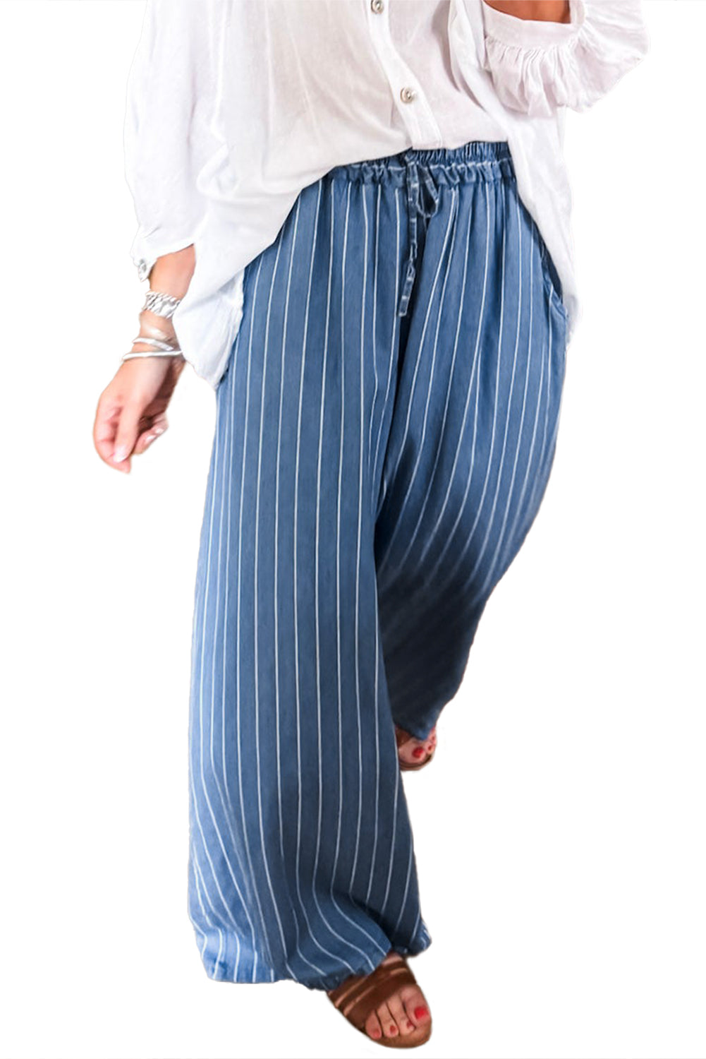 Sky Blue Stripe Chambray Wide Leg Tied Elastic Waist Trousers Pants 0380dbc3b9d3d472