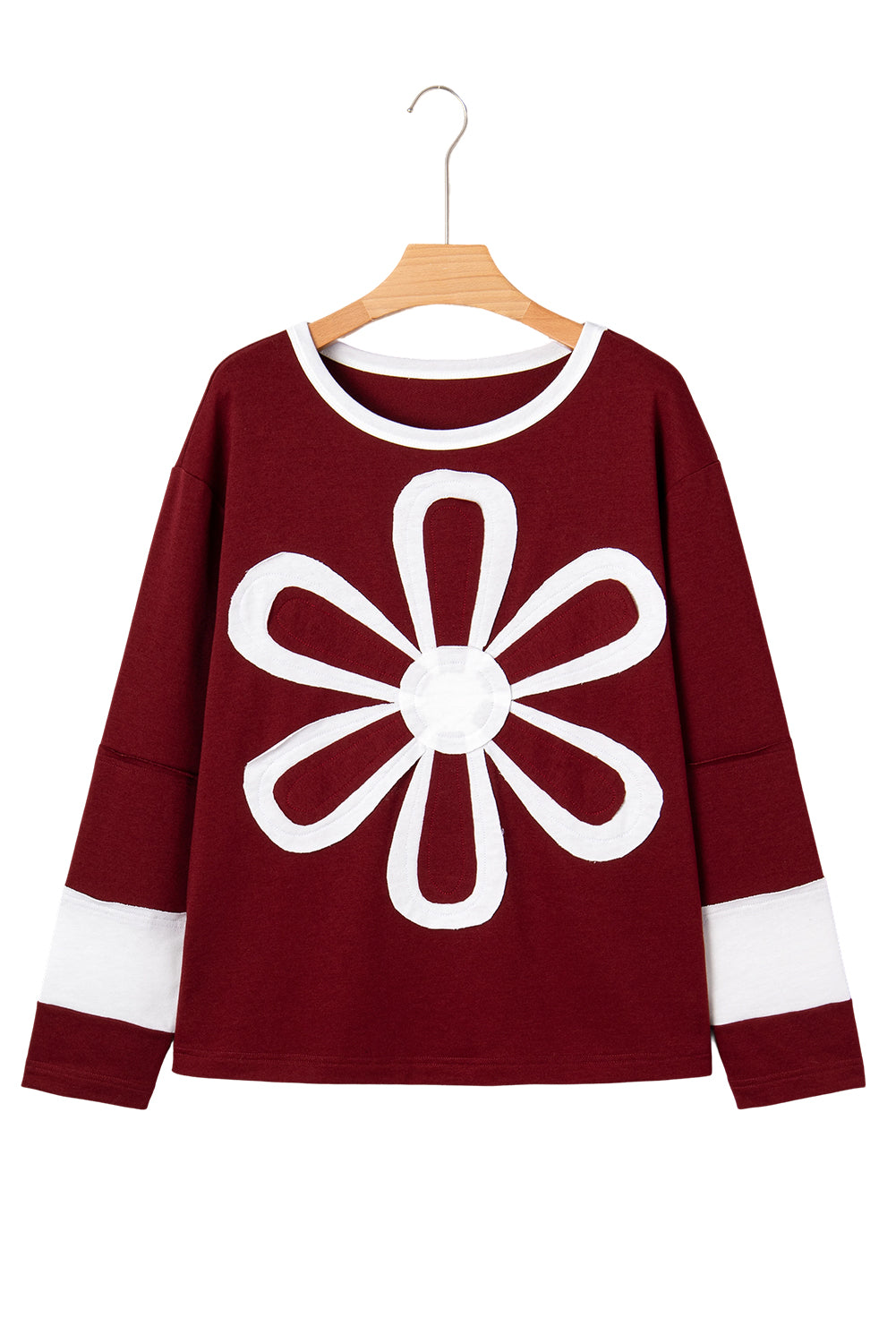 Red Dahlia Cheerful Daisy Flower Patched Round Neck Long Sleeve Top Long Sleeve Tops 0381bfb4ad5bac6c