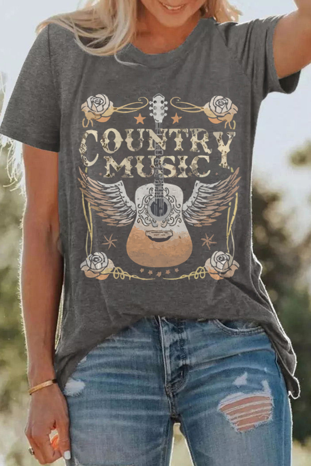 Gray COUNTRY MUSIC Guitar Graphic Print Crew Neck T Shirt Graphic Tees 038876bb99ad85b9