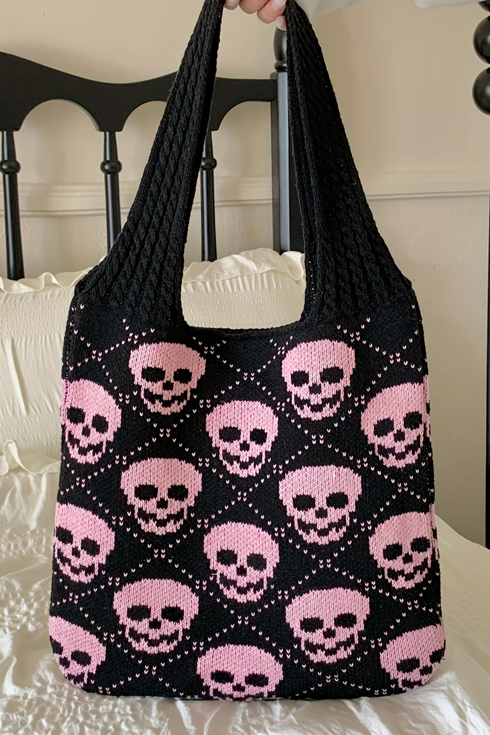 Black Plaid Skull Knit Tote Bag Tote Bags 03b6770e9dc0ae3e