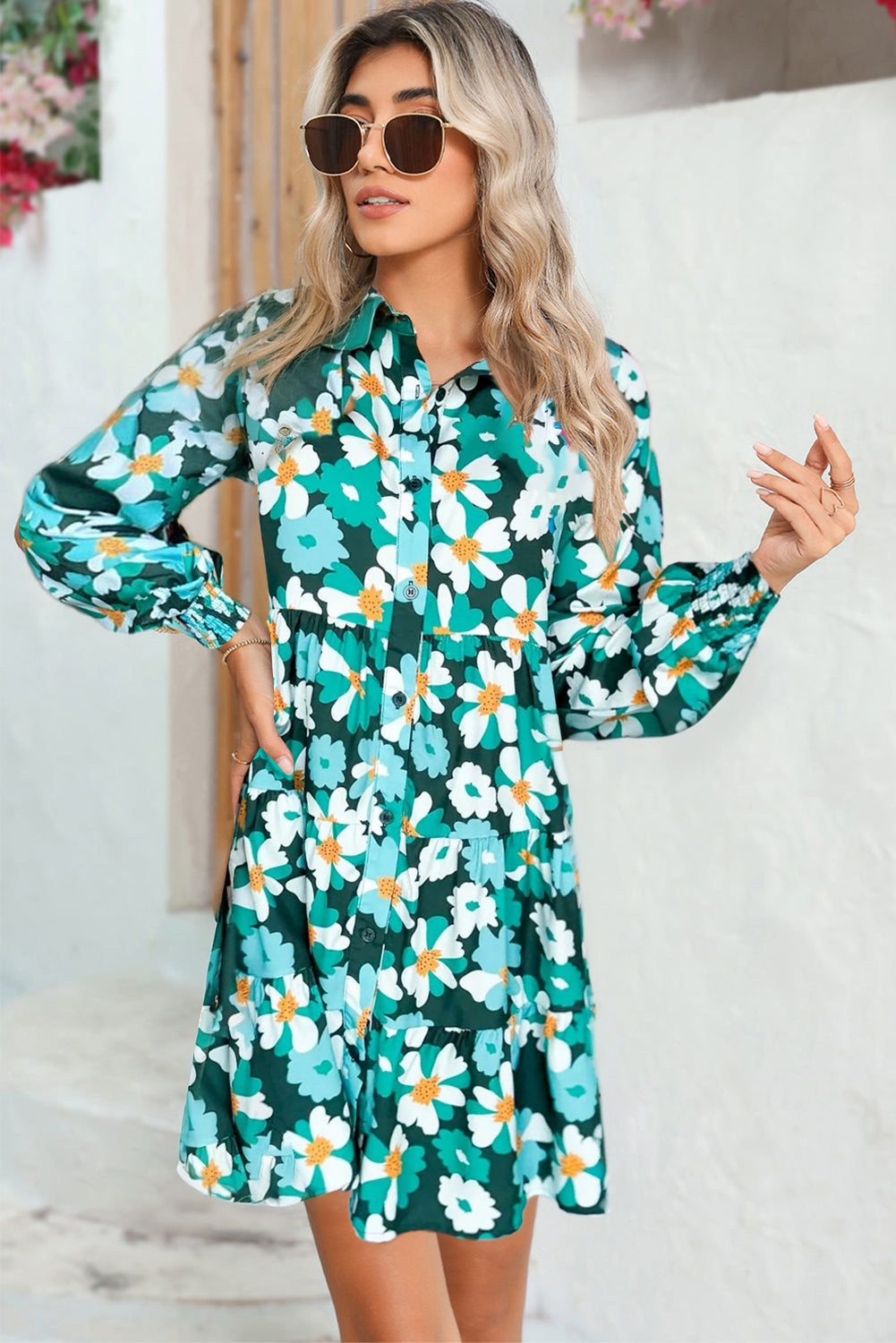 Blackish Green Flower Print Smocked Cuffs Tiered Mini Dress Short Dresses 03bac1a742297ba4