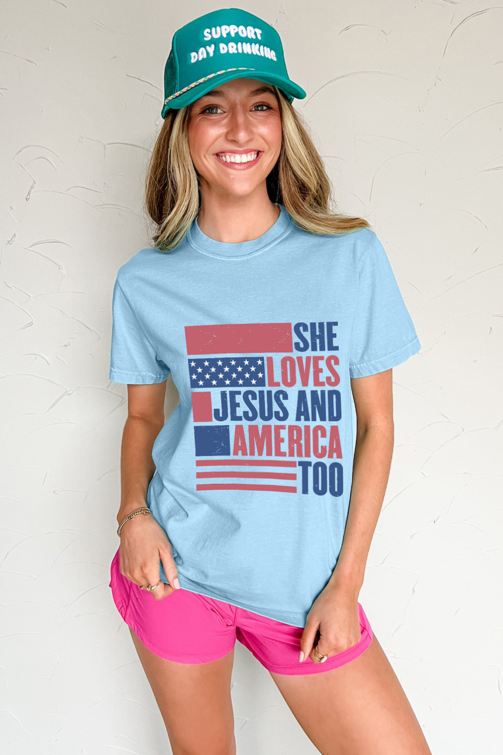 Light Blue SHE LOVES JESUS AND AMERICA TOO Heat Transfer Printing Patriotic T Shirt Graphic Tees 03db84f45de161ed