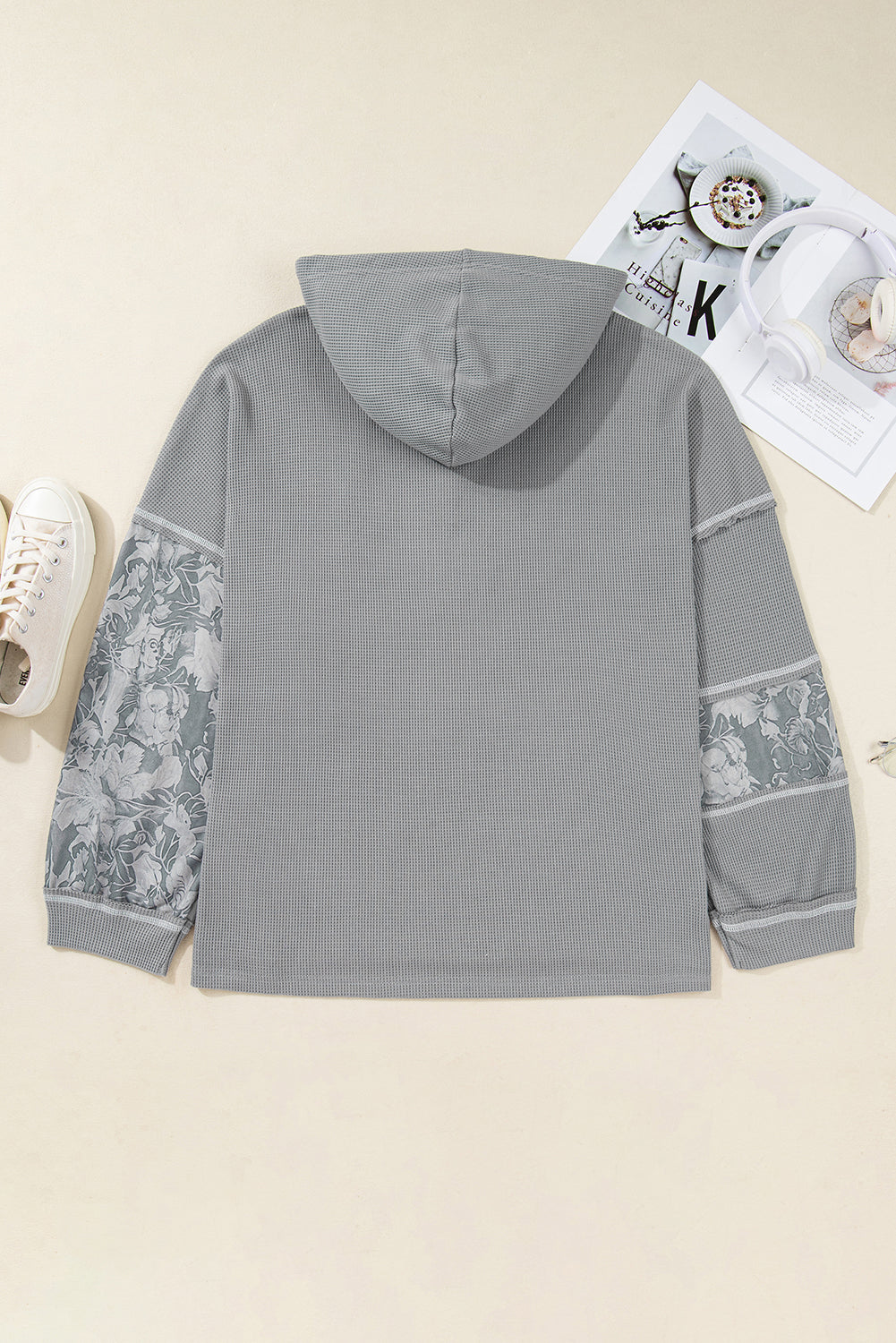 Gray Mixed Waffle Knit Patchwork Henley Plus Size Hoodie Plus Size Tops 041bb88c42ec646f
