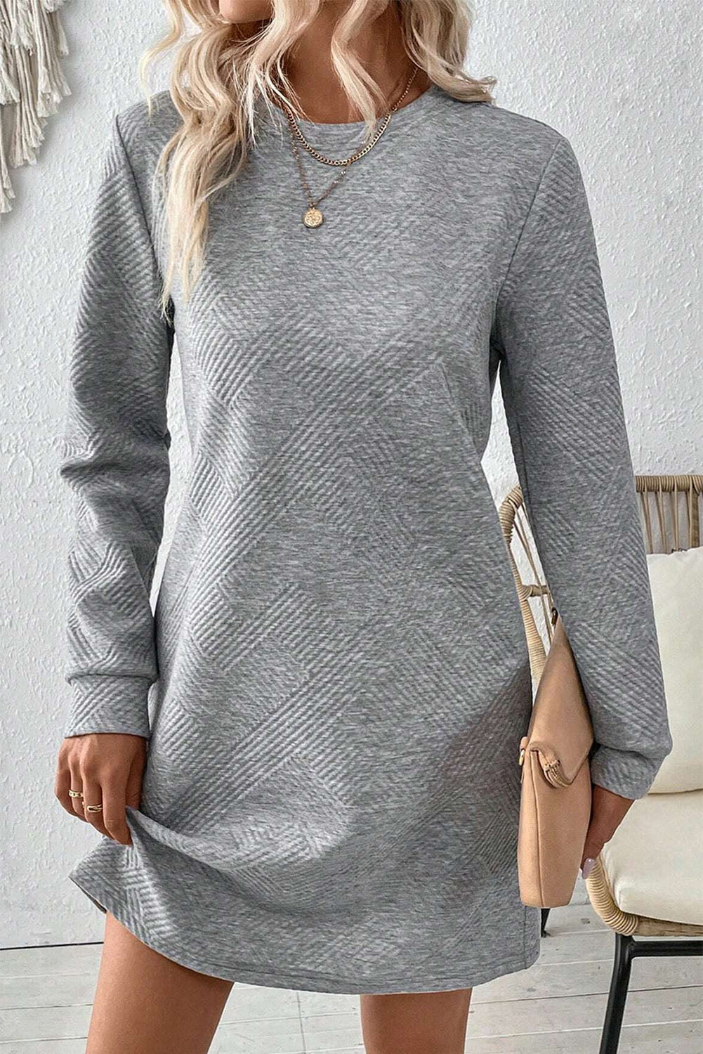 Gray Solid Color Textured Long Sleeve Shift Short Dress Short Dresses 04440c0a22e563d0
