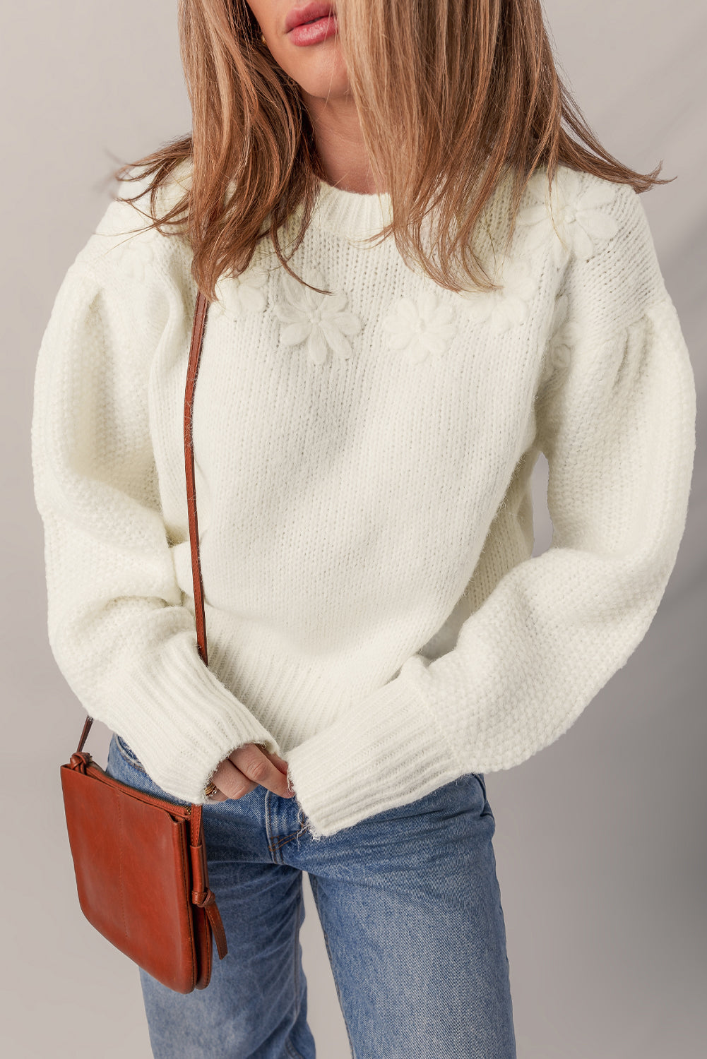 White Flower Detail Round Neck Contrast Textured Puff Sleeve Sweater Sweaters 0448e5e550fef316