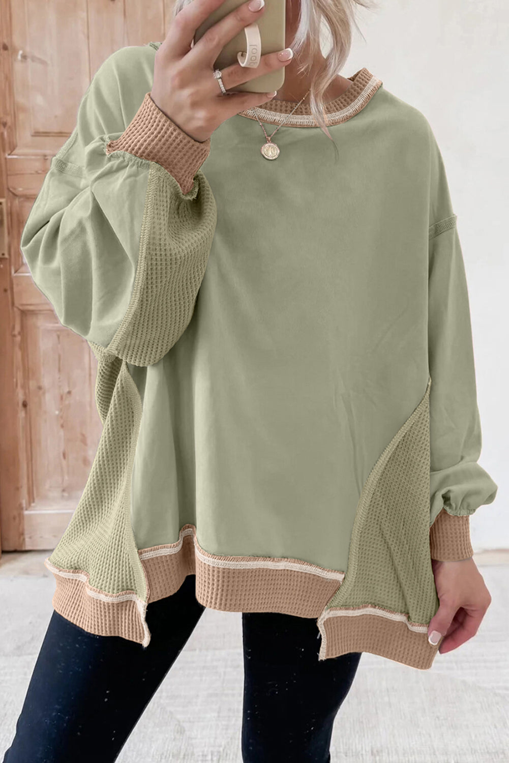 Smoke Green Colorblock Waffle Patchwork Oversize Sweatshirt Sweatshirts & Hoodies 048ce58675fed990