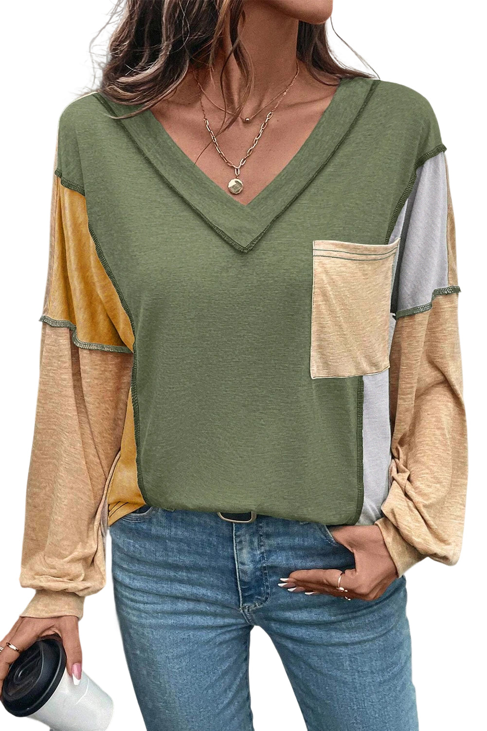 Jungle Green Exposed Stitching Colorblock V Neck Long Sleeve Top Long Sleeve Tops 052654181452320e