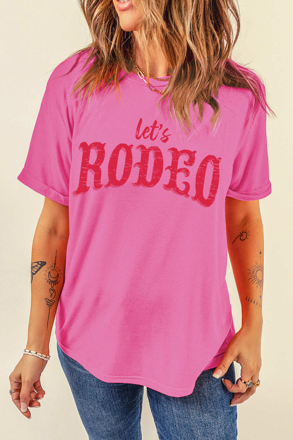 Rose Red Lets Rodeo Crew Neck Heat Transfer Printing Graphic Tee Graphic Tees 052cecab84cd89b7