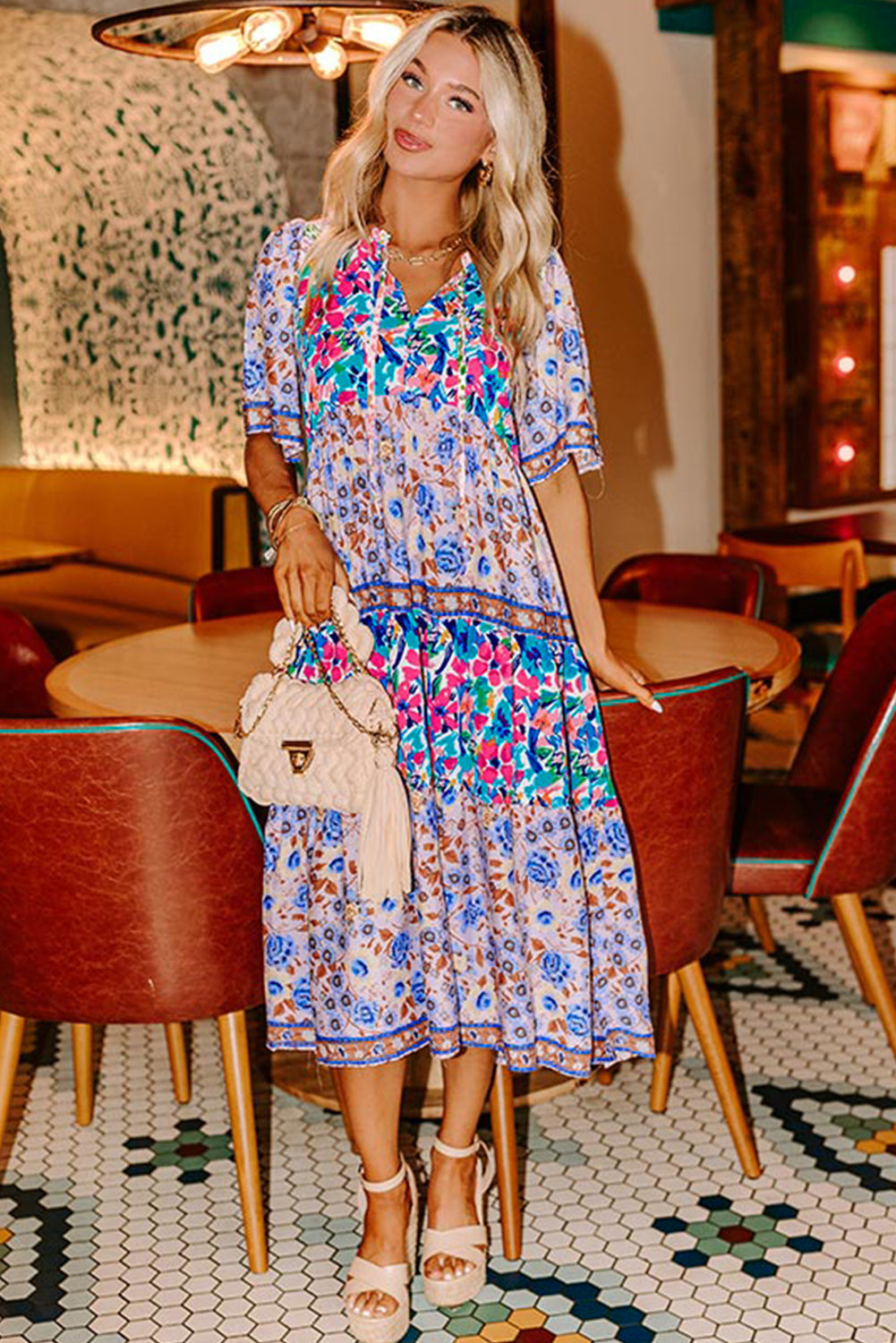 Sky Blue Mixed Floral Print Tie Split Neck Short Sleeve Dress Midi Dresses 052ceebbb7da992a