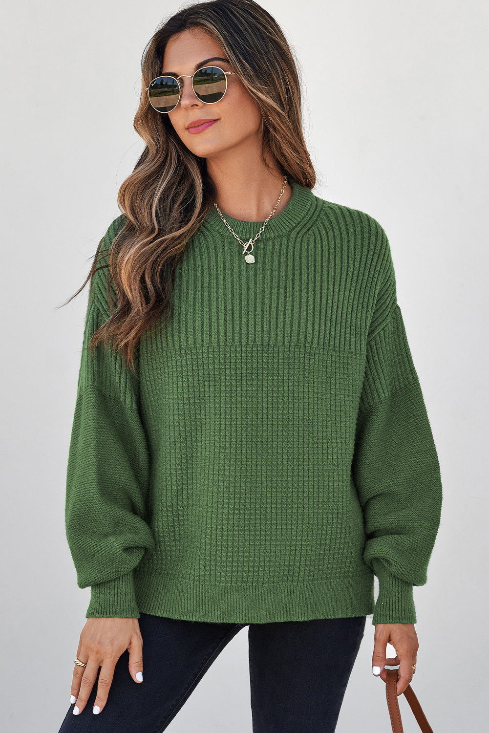 Vineyard Green Solid Color Mixed Textured Knitted Crew Neck Sweater Sweaters 053cfe99577556e7