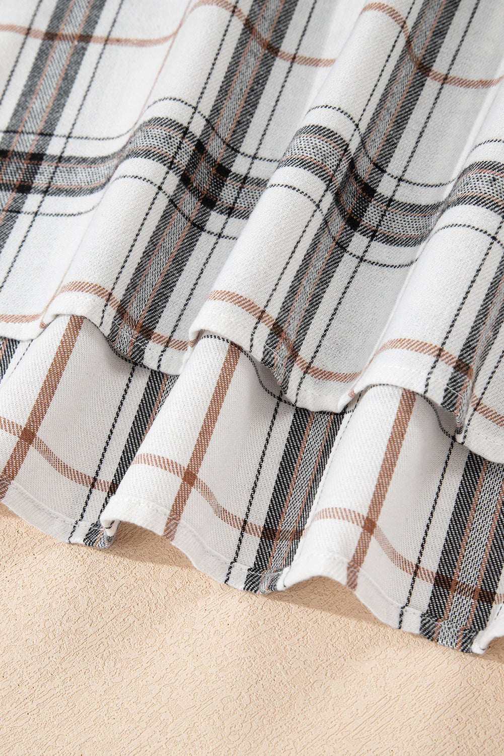 White Plaid Print Collared V Neck Loose Blouse with Side Slits Blouses 057ef1511ee0b011