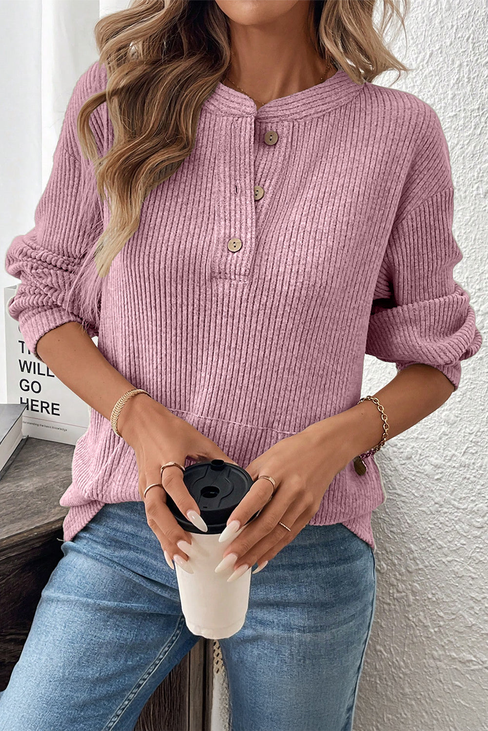 Pink Ribbed Texture Drop Shoulder Henley Knit Top Long Sleeve Tops 060e51ee89418f5f