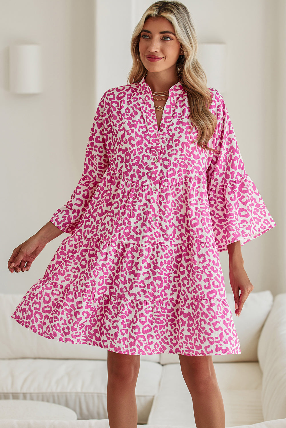 Bright Pink Leopard Print Flounce Sleeve Mini Dress Short Dresses 061af1eaa9f64ecd