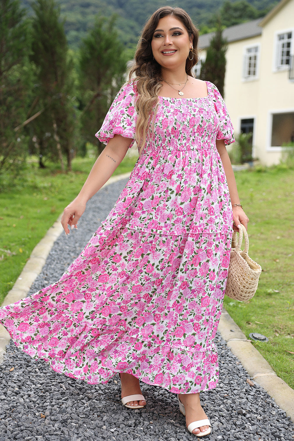 Pink Plus Size Floral Print Smocked Puff Sleeve Maxi Dress Plus Size Dresses 0622a6d43475d45f