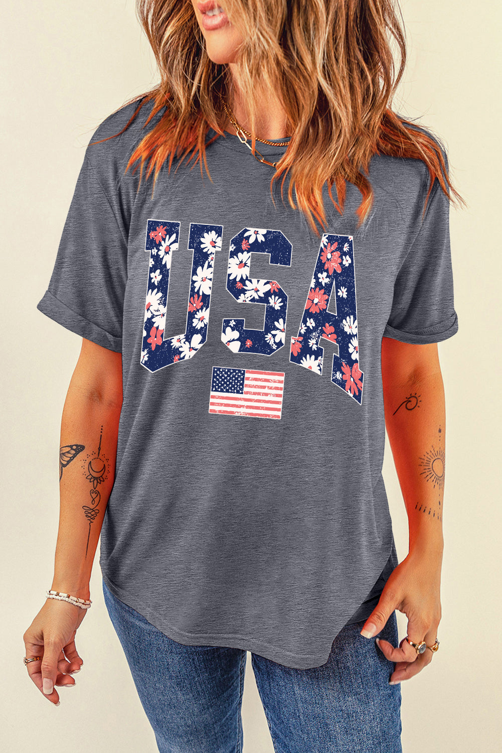 Gray Floral USA Flag Graphic Roll Up Sleeve Tee Graphic Tees 0666b8805ae097db