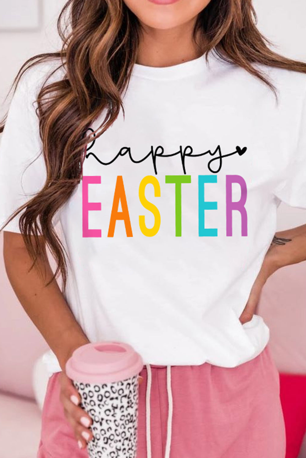 White Happy EASTER Letter Graphic Round Neck Tee Graphic Tees 06ab0c2e9eeef6d9