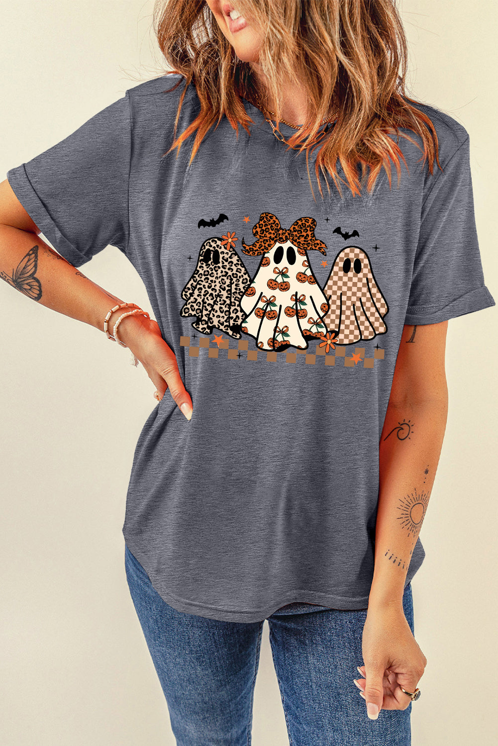 Gray Cute Halloween Ghost Heat Transfer Printing Casual Tee Graphic Tees 06b1e5c1e4a7a0ec