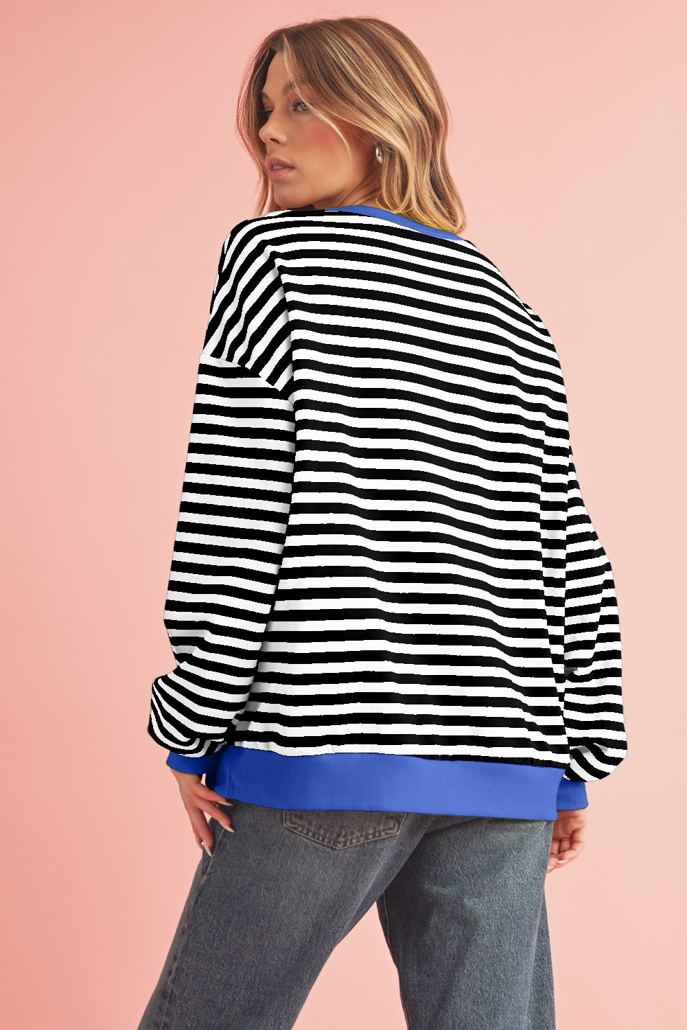 Blue Stripe Contrast Edge Cross Seam Oversized Pullover Sweatshirts & Hoodies 0703050c2944f0b3