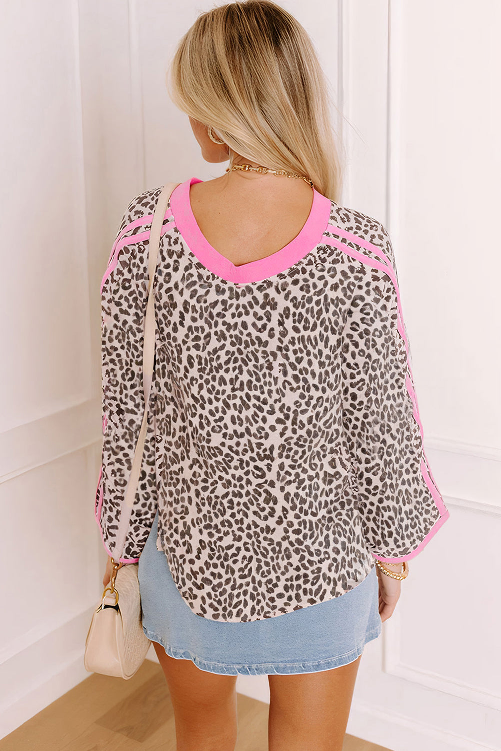 Khaki Leopard Print Contrast V Neck Varsity Stripe Detail Long Sleeve Top Long Sleeve Tops 0749a81ad2233503