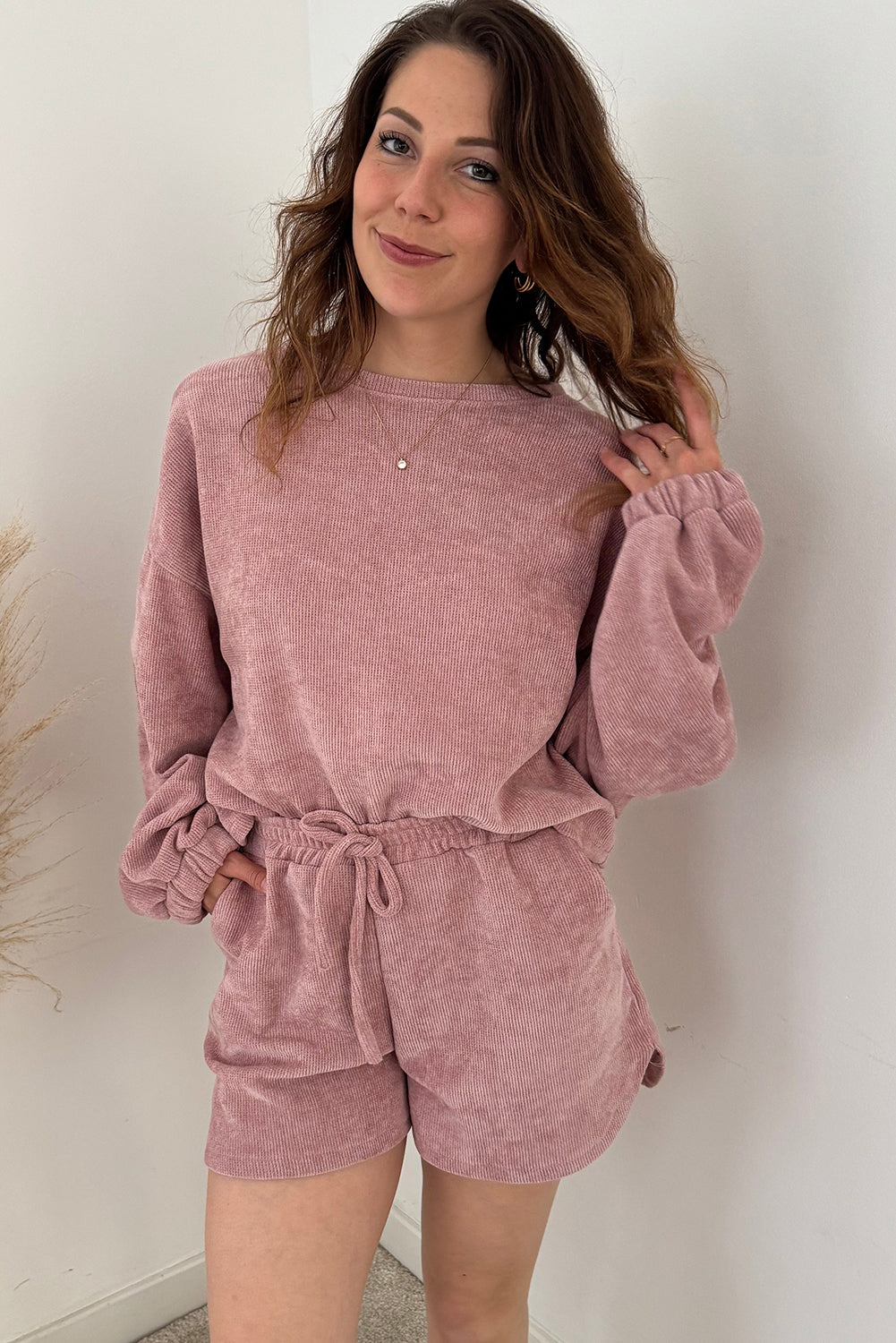 Fushia Textured Knit Drop Shoulder Pullover Drawstring Shorts Set Two Piece Shorts Sets 074ef37cf9b7e0dd