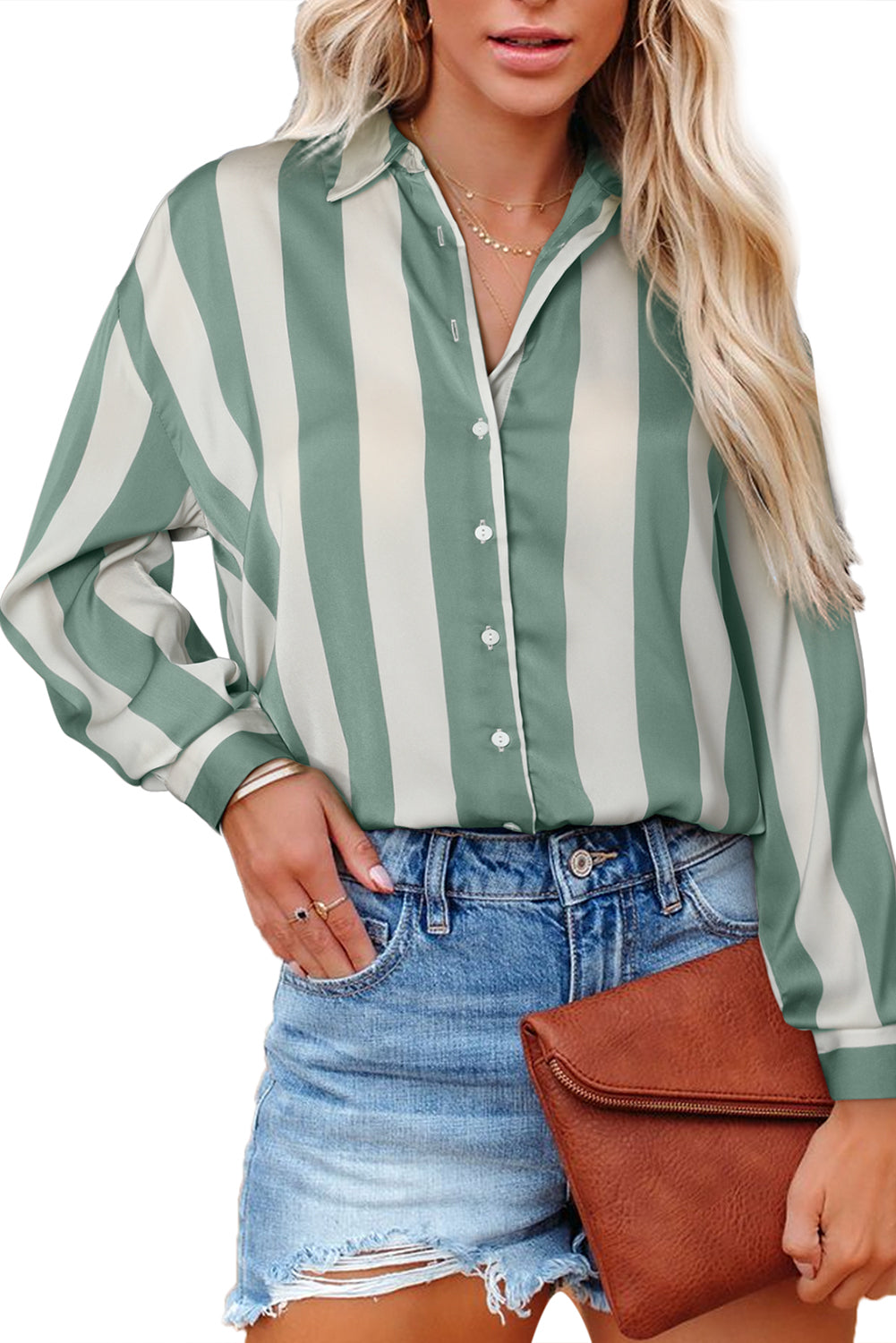 Green Striped Soft Relaxed Button Up Shirt Blouses 078dc7109fb25890