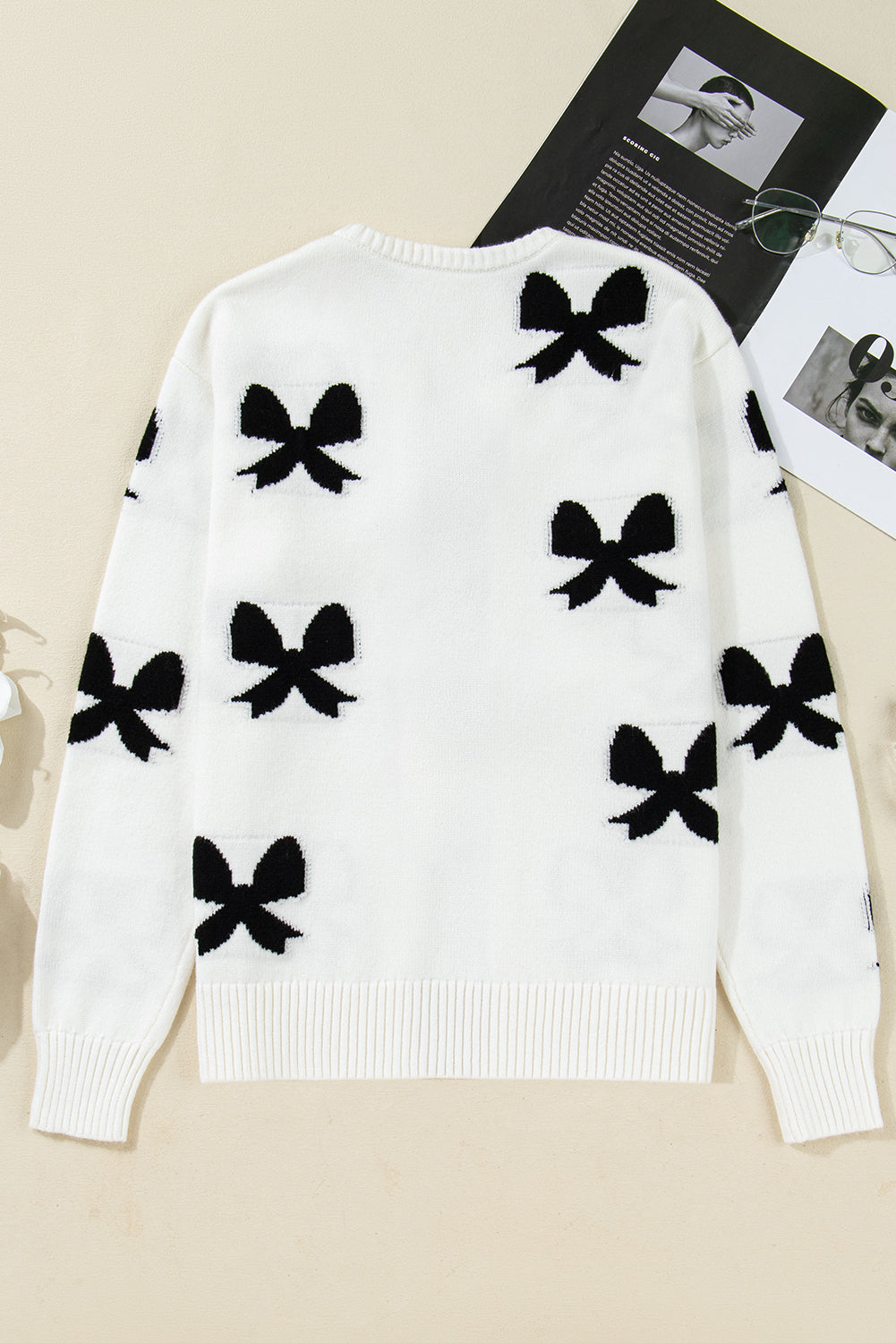 White Lace-Up Front Bow Pattern Round Neck Knit Cardigan Cardigans 07aff5d12b41b7af