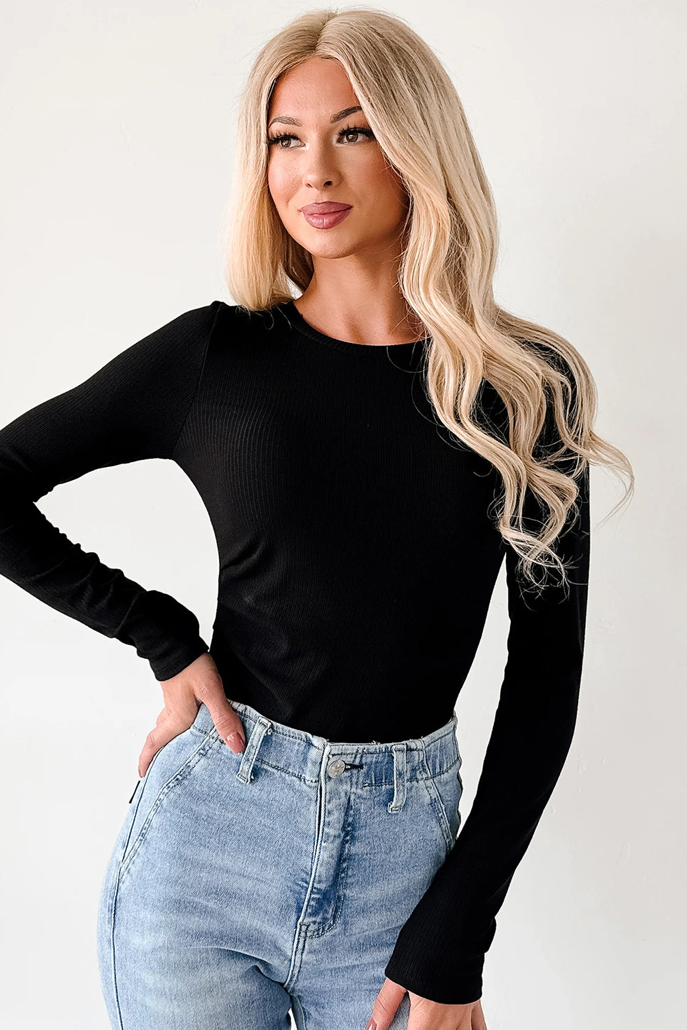 Black Ribbed Long Sleeve Crew Neck Solid Color Bodysuit Bodysuit 07f136d8a8cc829a