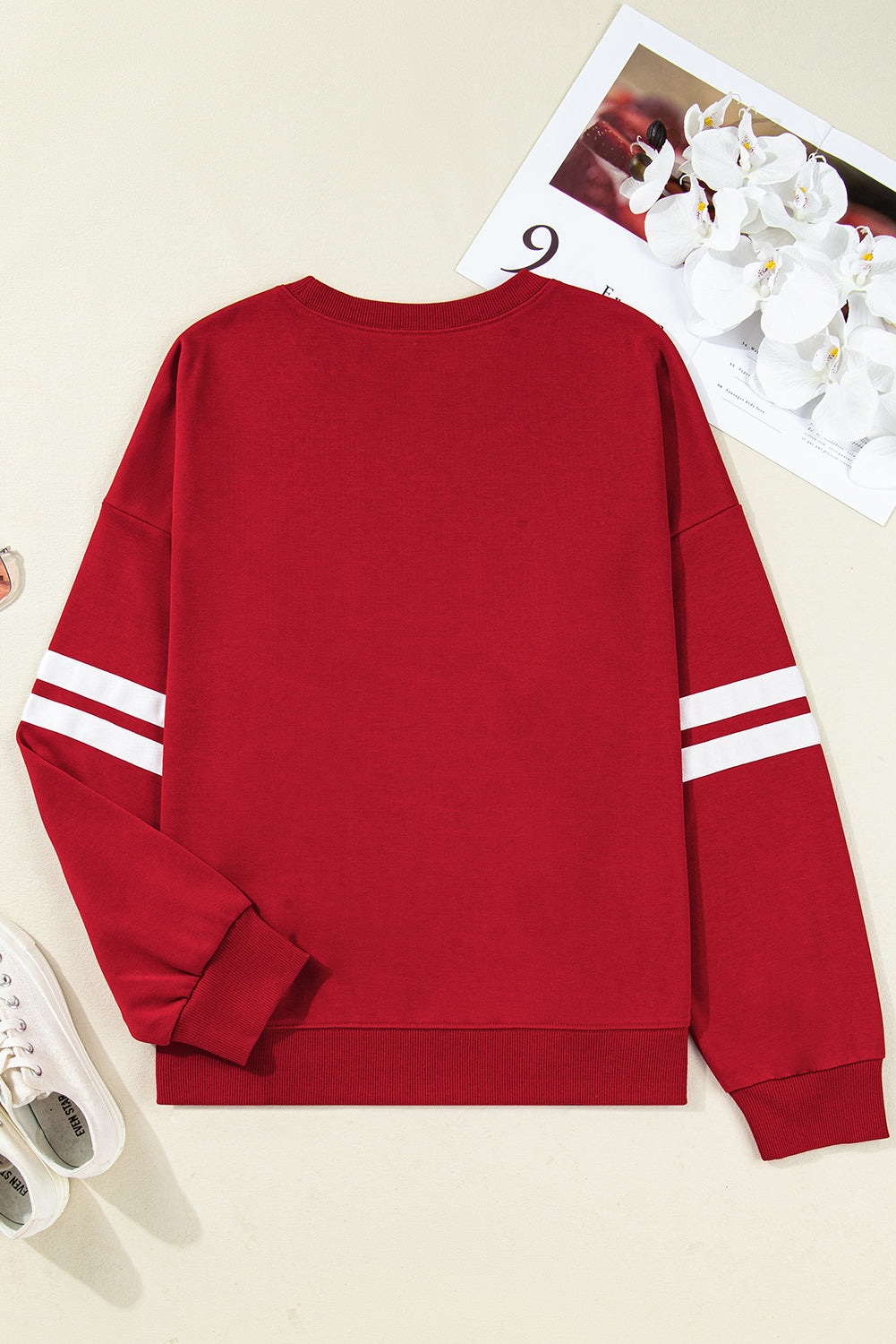 Fiery Red Varsity Striped Detail Plus Size Round Neck Sweatshirt Plus Size Tops 07fabd377856b485