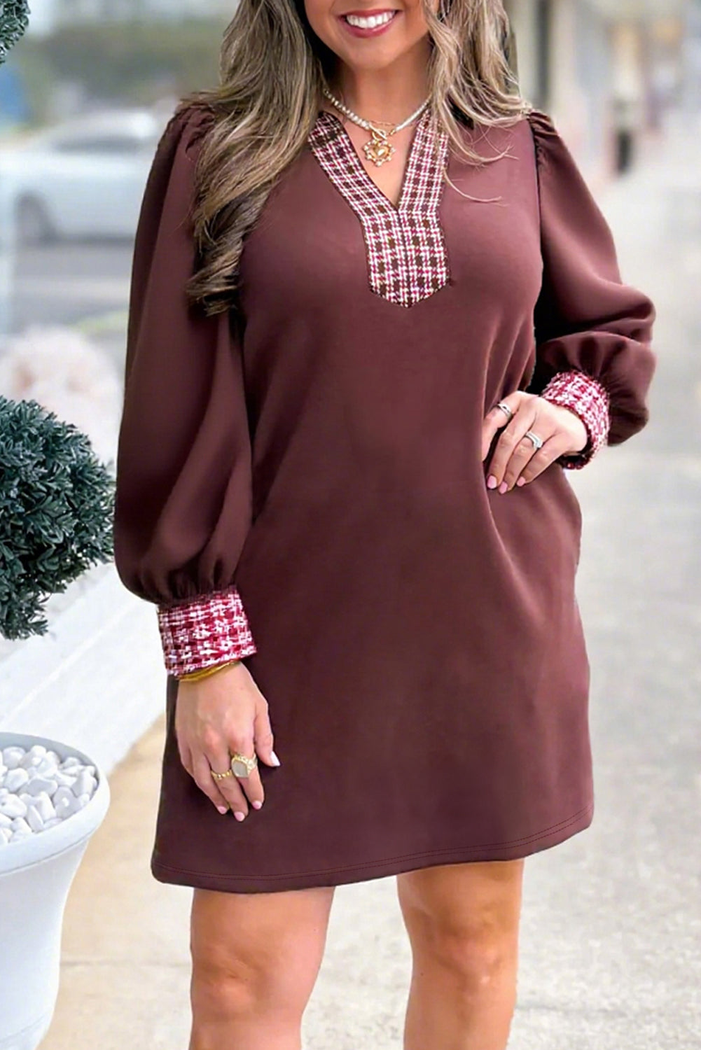 Coffee Contrast Plaid Trim Patchwork Collared Plus Size Mini Dress Plus Size Dresses 08140f1c1d3cd2d3
