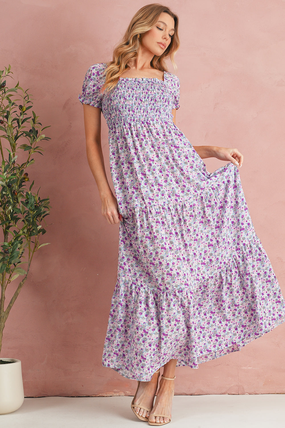 Purple Floral Short Bubble Sleeve Smocked High Waist Maxi Dress Maxi Dresses 0816302b3e5c9d64