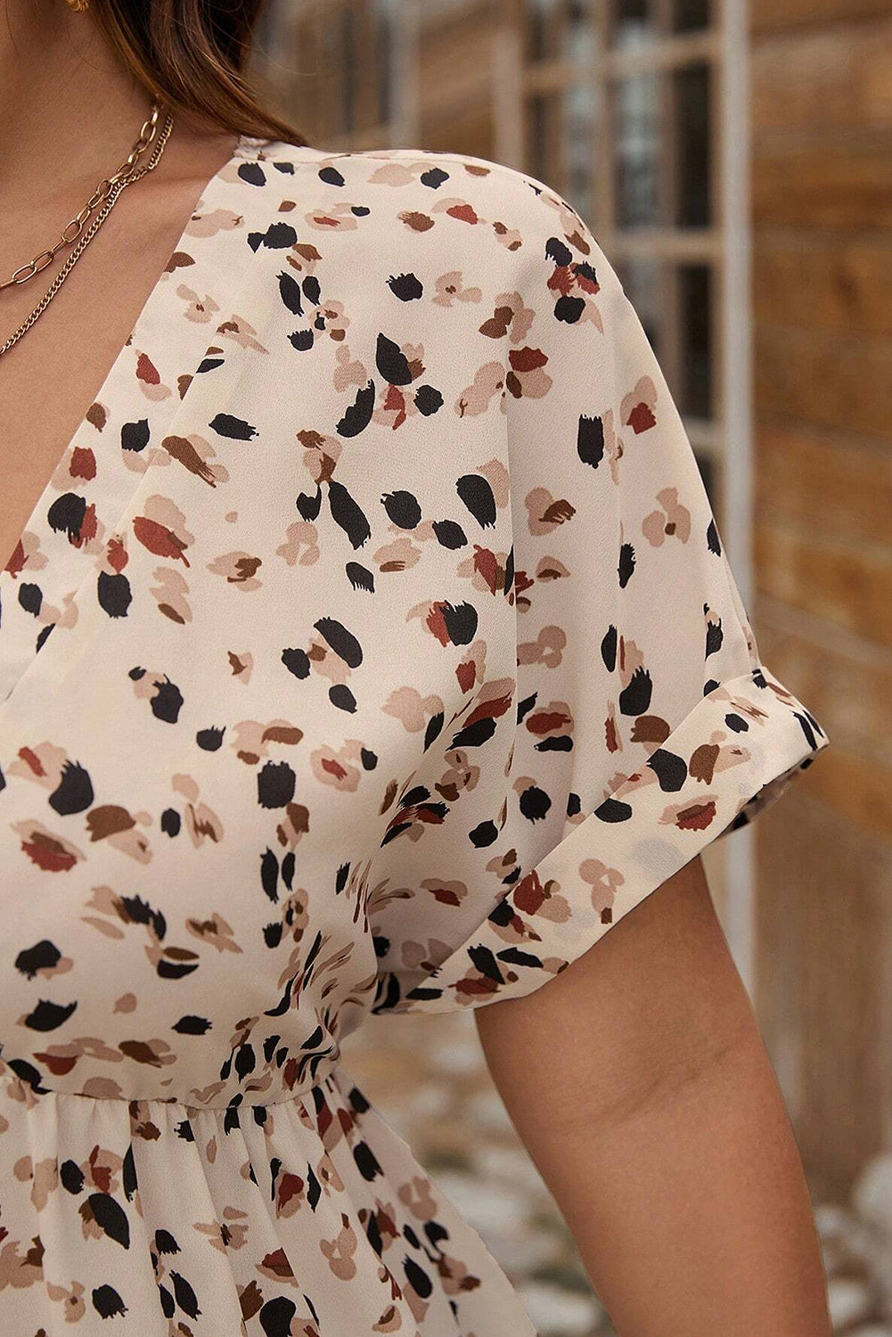 Beige Abstract Print Surplice V Neck Cuffed Sleeve Empire Waist Plus Size Dress Plus Size Dresses 0855ba78534ad935