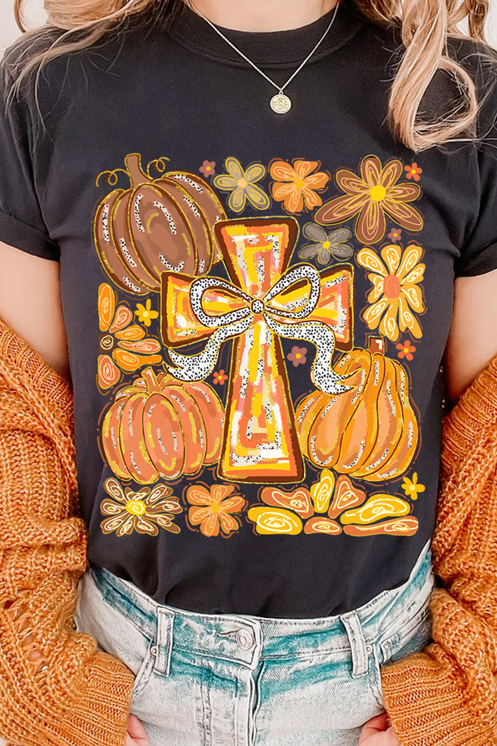Black Thanksgiving Pray Cross Pumpkin Heat Transfer Printing Graphic Cotton Blend Tee Graphic Tees 09bb45e85d70a066